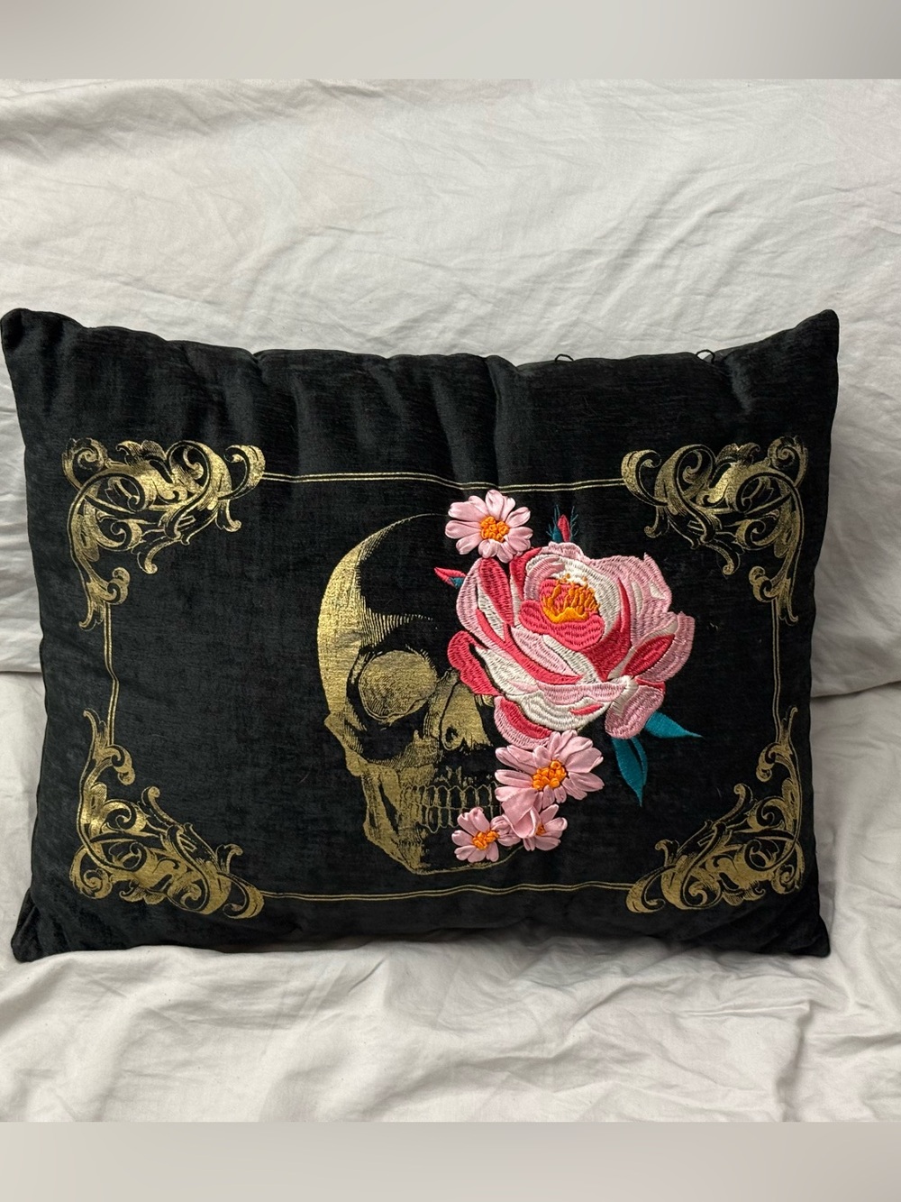 Black Velvet Skull & Pink Floral Embroidered Decorative Pillow